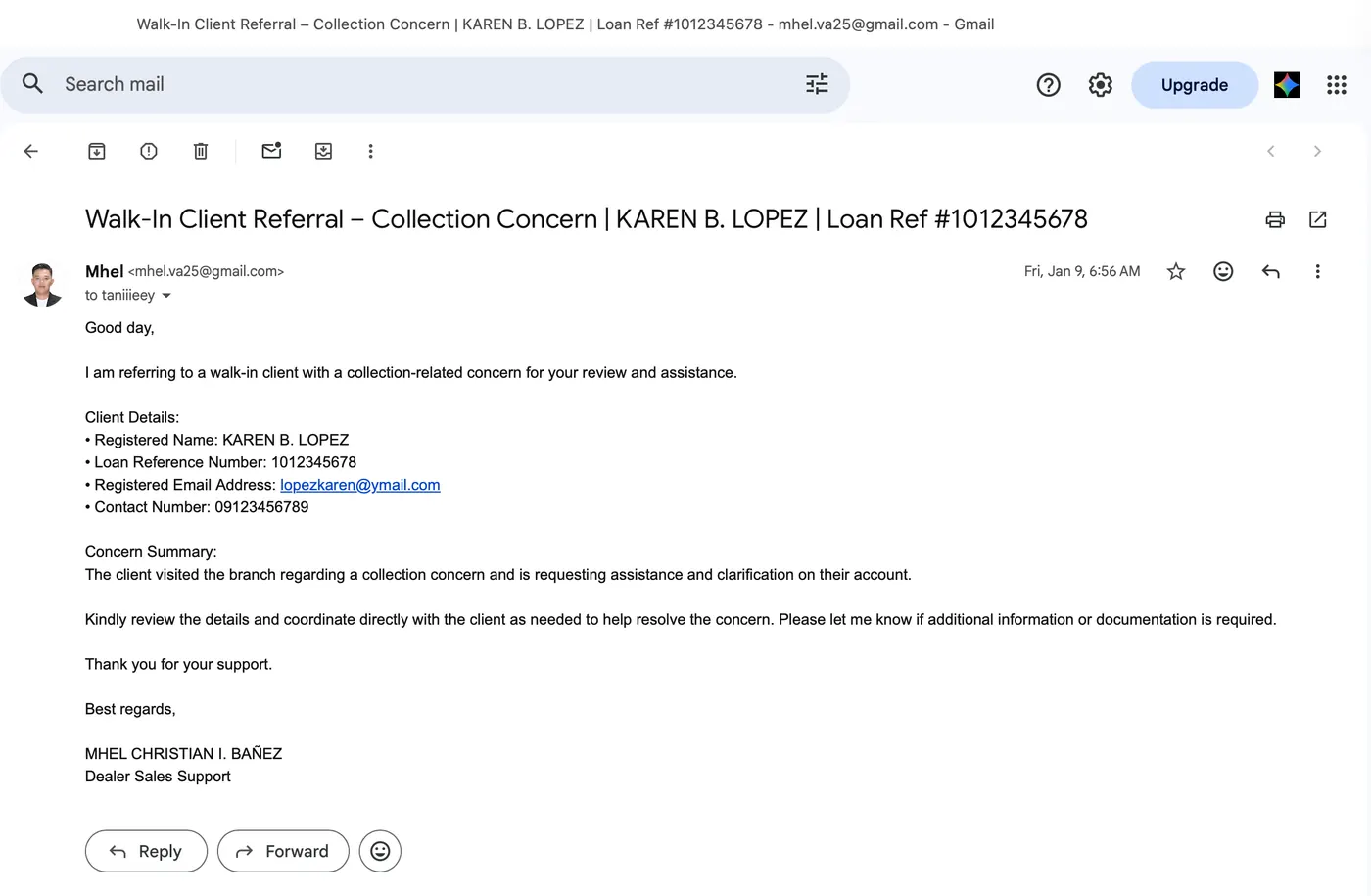 Client Support and Case Coordination — Mhel Bañez work sample